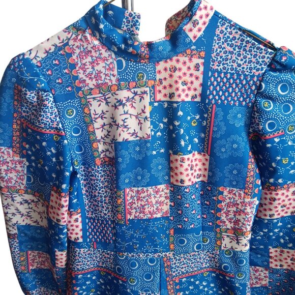 1OF1 XS Vintage 70s Patchwork Maxi Dress Ruffled Hem Prairie Disco Print 1970's - Picture 3 of 8